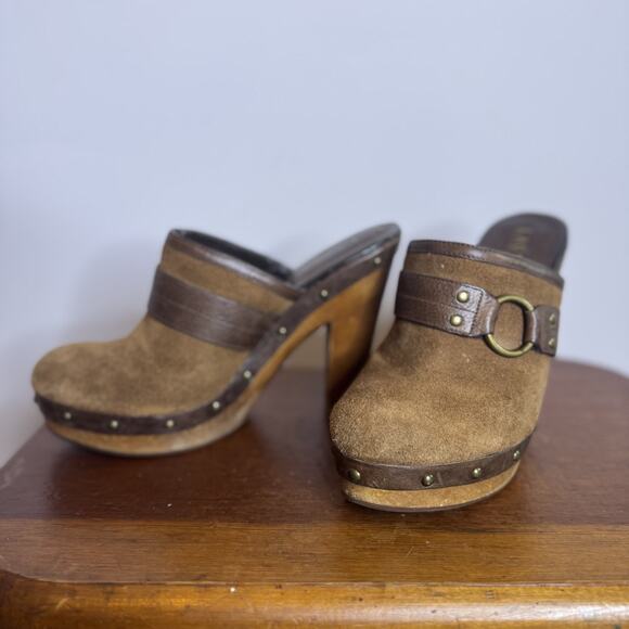 Vintage Y2K Ralph Lauren Brown Suede Studded Clogs Mules Wooden Block Heels 7 M - Picture 2 of 8